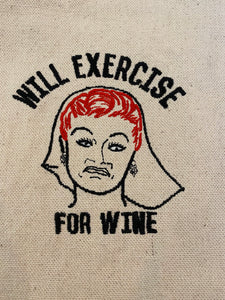 WILL EXERCISE FOR WINE TOTE BAG/BLACK