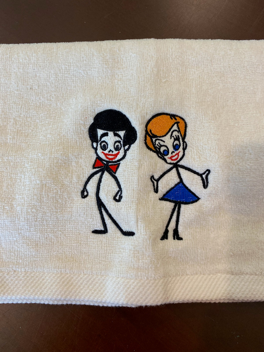 Stick Figures Embroidered Hand Towel -Beige