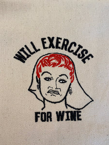WILL EXERCISE FOR WINE TOTE BAG/RED